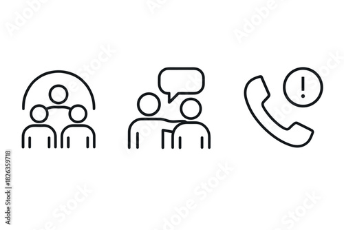 Minimalist communication icons: collaboration, consultation, alert call