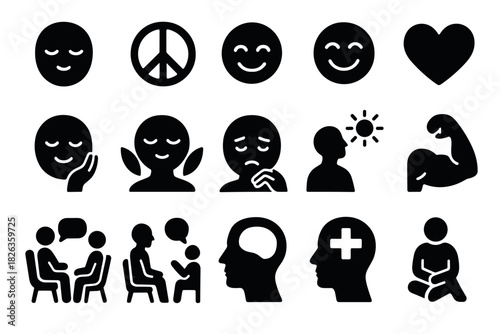 Set of emotional and mindfulness icons in black silhouette style