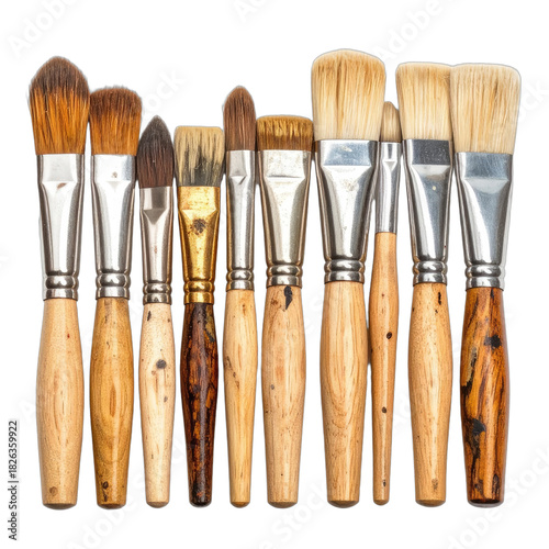A collection of assorted art paintbrushes with wooden handles against a black background.