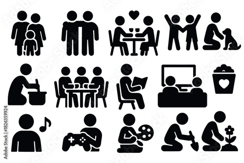 Family activities silhouettes: dining, reading, playing, gardening, cooking, and movie night