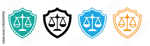 Justice shield icon. Blue shield emblem, scales of justice; symbolizes legal protection, fairness, and security.