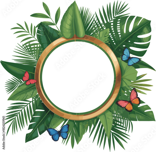 Tropical round frame with lush green leaves and colorful butterflies, blank circular border for summer themes, botanical nature decorative design element