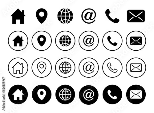Website icon set. Web icons. Contact us icons for computer and mobile. Homepage, contact, mail, telephone, address, email, message, communication symbols