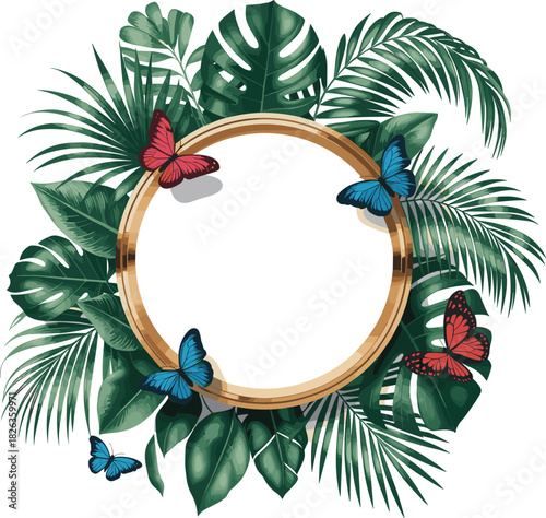 Tropical round frame with lush green leaves and colorful butterflies, blank circular border for summer themes, botanical nature decorative design element