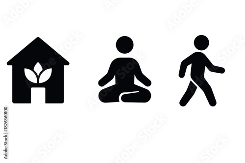 Silhouette icons of home, meditation, and walking for wellness lifestyle designs