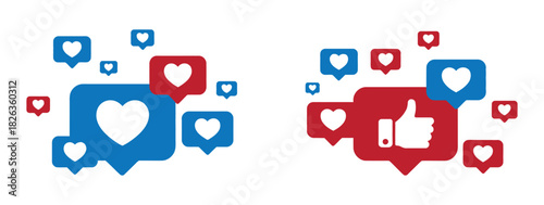 Social media like and heart icons background. social media react emoji icons scattered on a white background. 