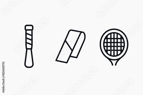 Minimalist sports equipment icons: bat, whistle, racket