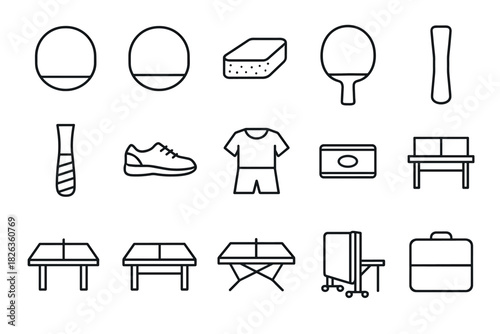 Outline icons of table tennis equipment and accessories for recreation and sports