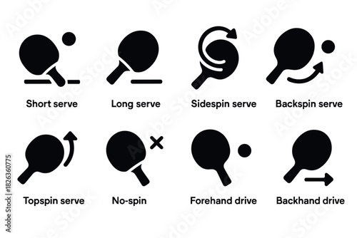 Table tennis serve and drive icons set in simple silhouette style