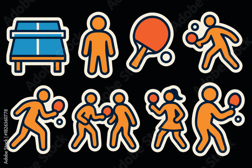 Dynamic ping pong icons: bold outlined stickers of players and equipment