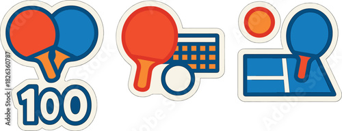 Colorful table tennis stickers with paddles and ball on gradient background