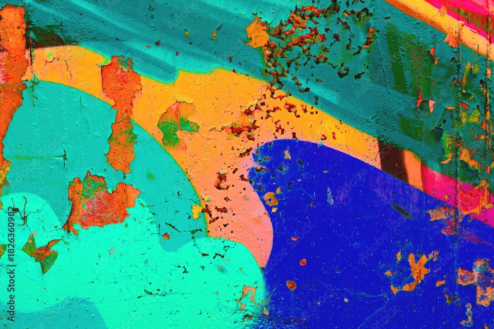 Naklejka premium Funky abstract graffiti texture in neon teal, orange, blue. Urban 90s style, vibrant paint, rough surface. Street art, digital backgrounds, modern 90s visuals.