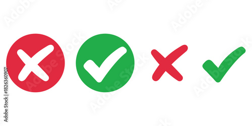 Checkmark x mark icon. Green checkmark and red x sign.