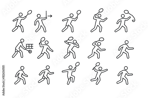 Minimalist tennis player pictograms set for sports and activity designs