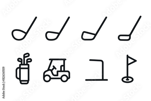 Minimalist golf icons set featuring clubs, cart, and course elements