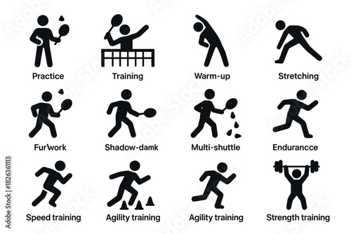 Badminton training exercises: silhouette icons for fitness and agility