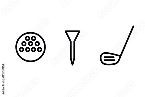 Minimalist golf equipment icons: ball, tee, club in simple line art