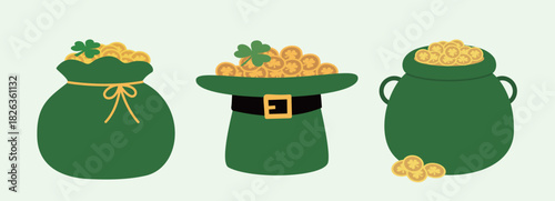Set of St. Patrick's Day gold coins elements flat vector illustration.
leprechaun hat filled with gold coins and a shamrock. green money bag filled with gold coins.
pot filled with gold coins.
