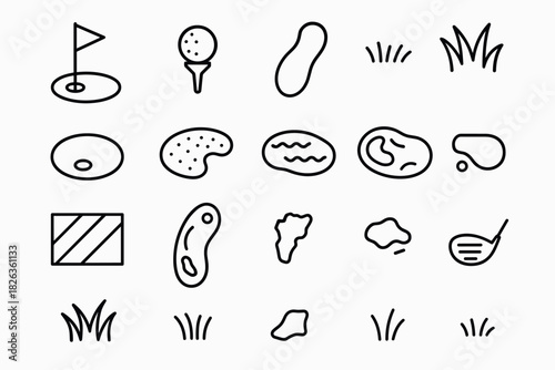 Minimalist golf icons set: course elements, clubs, flags, grass, flat design