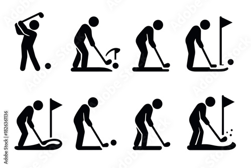 Golf player silhouettes in various poses: perfecting the swing and putt techniques