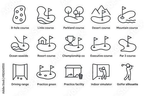 Golf course and facility icons: line style for varied landscapes and amenities