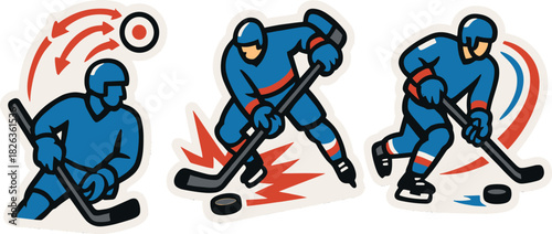Dynamic ice hockey action stickers: blue and red graphic figures in motion