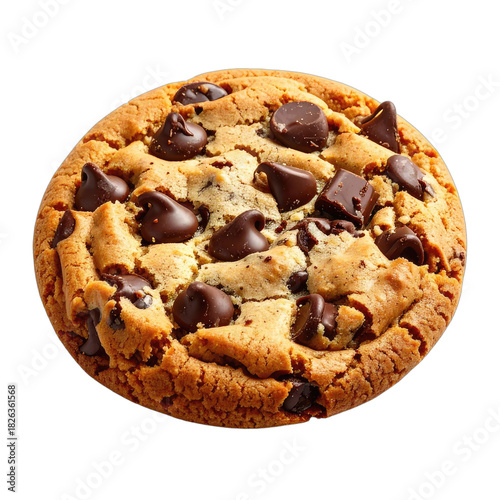 A perfectly baked, rich chocolate chip cookie centered against a stark black background.
