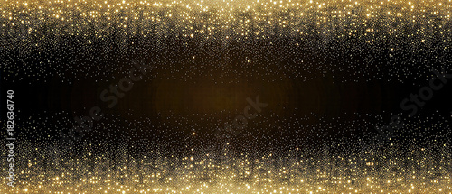 Black background with golden particles raining gently from the top, center free for elegant typography.