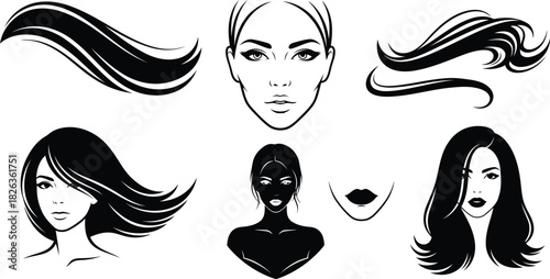Black and white vector illustrations of womens faces, elegant hairstyles, and lips, ideal for beauty and fashion design