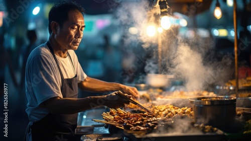 Fototapeta Naklejka Na Ścianę i Meble -  Man grilling street food at a night market stall in Bangkok