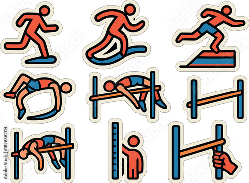 Dynamic icons of athletic jumping and running on gradient background in bold colors