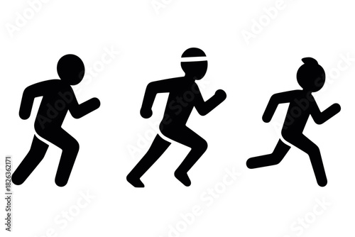 Silhouette set of running figures with different accessories on white background