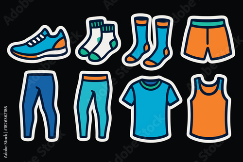 Colorful sportswear sticker set featuring shoes, socks, shorts, leggings, and shirts