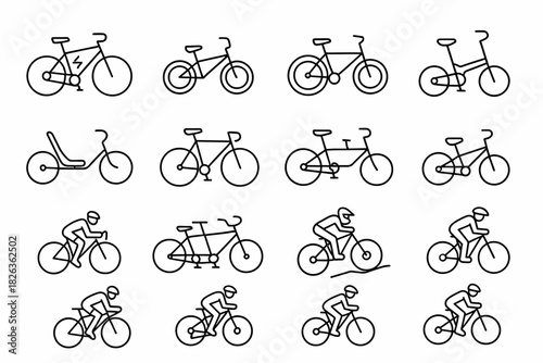 Collection of minimalist bicycle icons featuring various styles and cycling poses