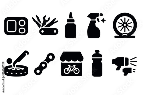 Bicycle maintenance icons set in silhouette style with repair and cleaning tools