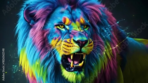 A striking close-up showcases a majestic, stylized lion with a vibrant, multicolored mane against a dark background. The powerful animal roars, revealing sharp teeth and intense yellow eyes, exuding s