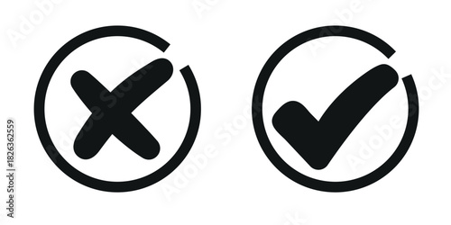 Black check mark and black cross mark in circle. Vector illustration
