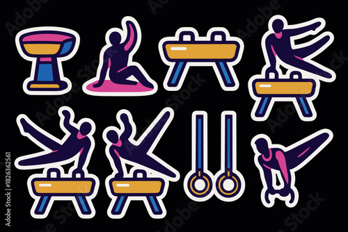 Colorful gymnastics stickers: pommel horse, rings, and artistic poses