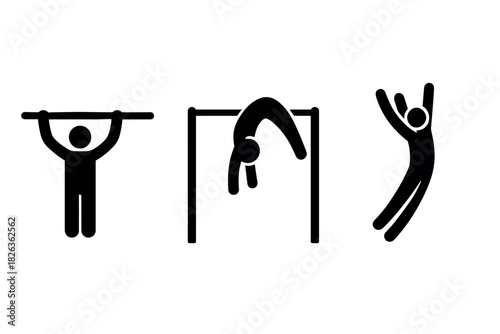 Silhouette gymnastics icons: pull-up, parallel bar, jumping actions