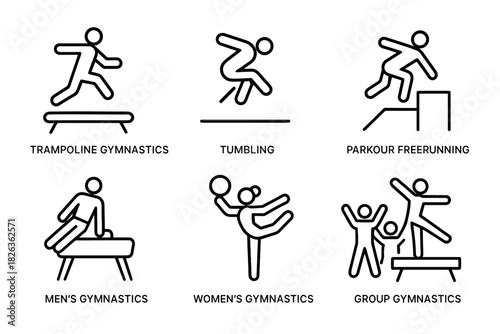Linear icons of various gymnastics disciplines: trampoline, tumbling, parkour, men's, women's, group