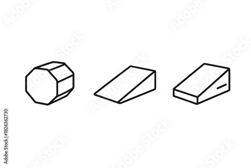 Geometric outlined shapes: octagon, parallelogram, wedge in minimalist line art