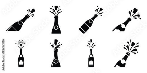 Illustration of the new year champagne bottle pop silhouette vector icon set. happy New Year 2026 vector icons