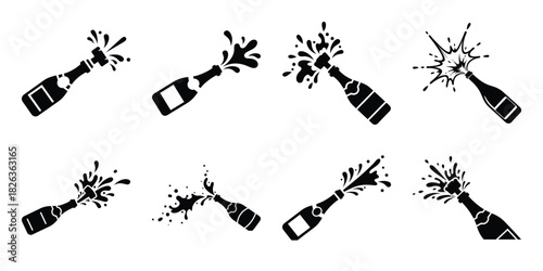 Illustration of the new year champagne splatter silhouette vector icon set. happy New Year 2026 vector icons
