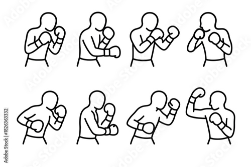 Boxing poses collection: stick figure set demonstrating various stances and movements