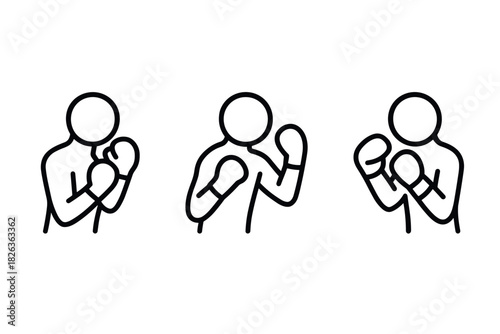 Boxer figures in fighting stance: simple black linear sketch set