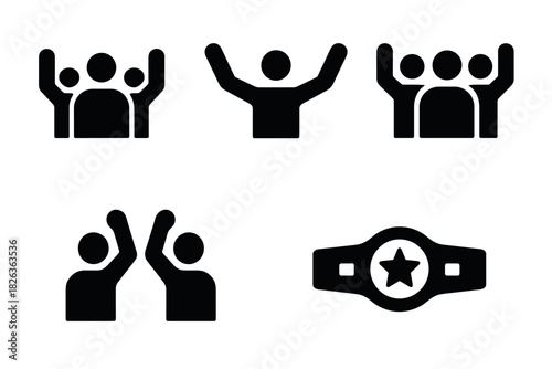 Simple icons of cheerful people, high fives, and a championship belt