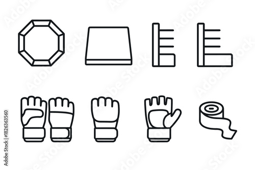 Martial arts linear icons set with ring, belt, gloves, and hand wraps
