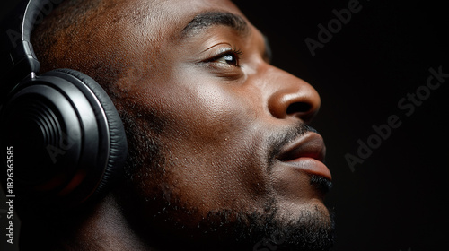 Schwarzer Mann mit Bart und Kopfhörern im Profil auf dunklem Hintergrund