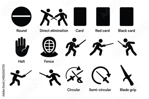 Fencing icons set: equipment, actions, gesture symbols in minimal style