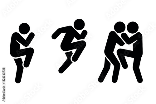 Silhouette icons of krav maga techniques: kicks, defense, combat moves